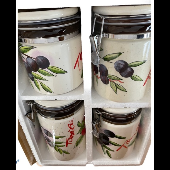 4pc hand painted locking canister jar set w/spoons - Picture 2 of 16